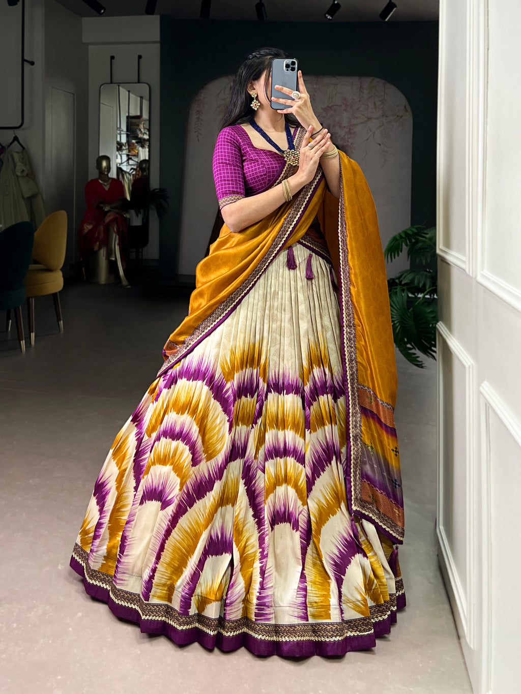 Siri wine Tasar silk dye printed lehenga choli with dupatta