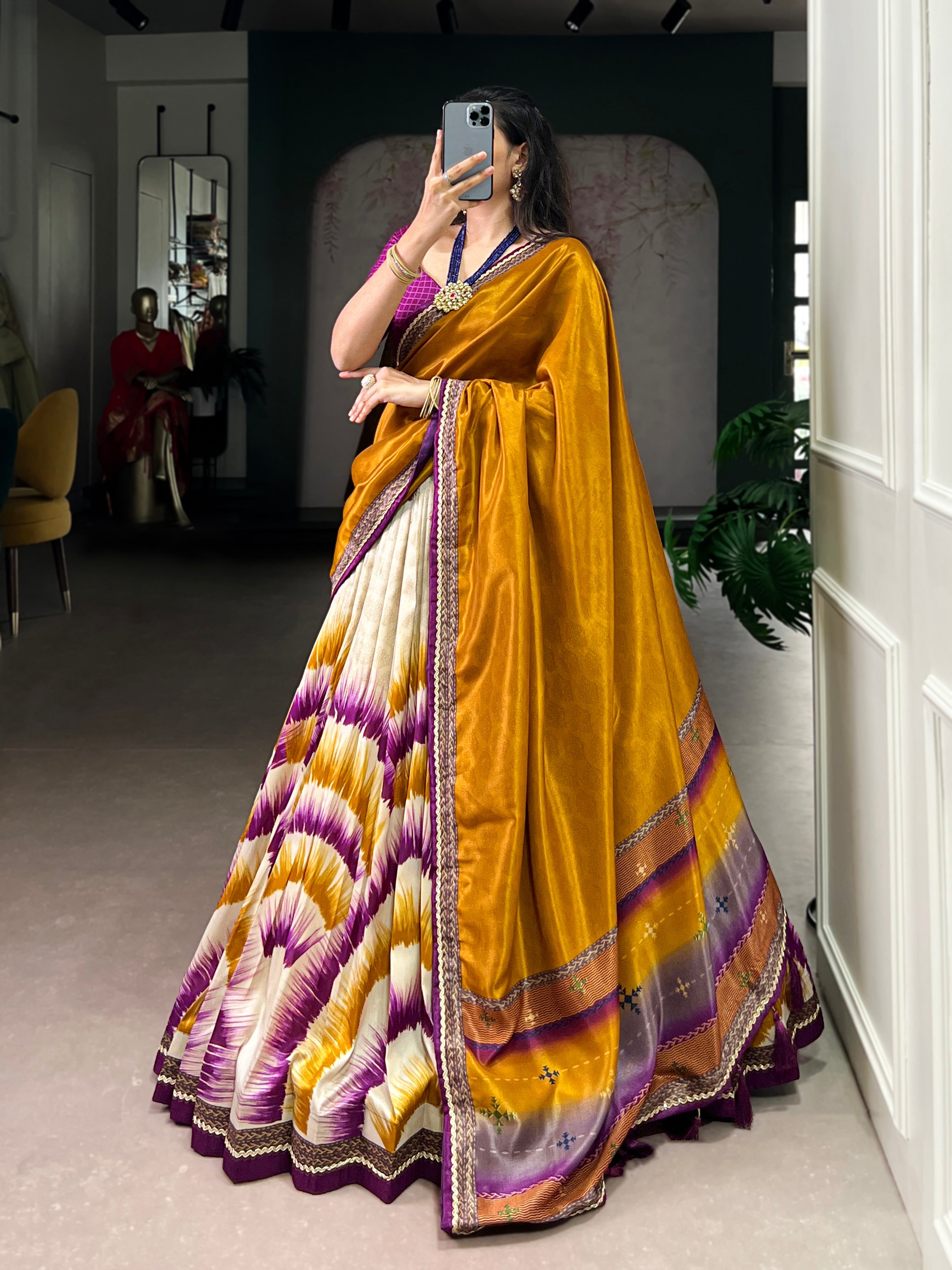 Siri wine Tasar silk dye printed lehenga choli with dupatta
