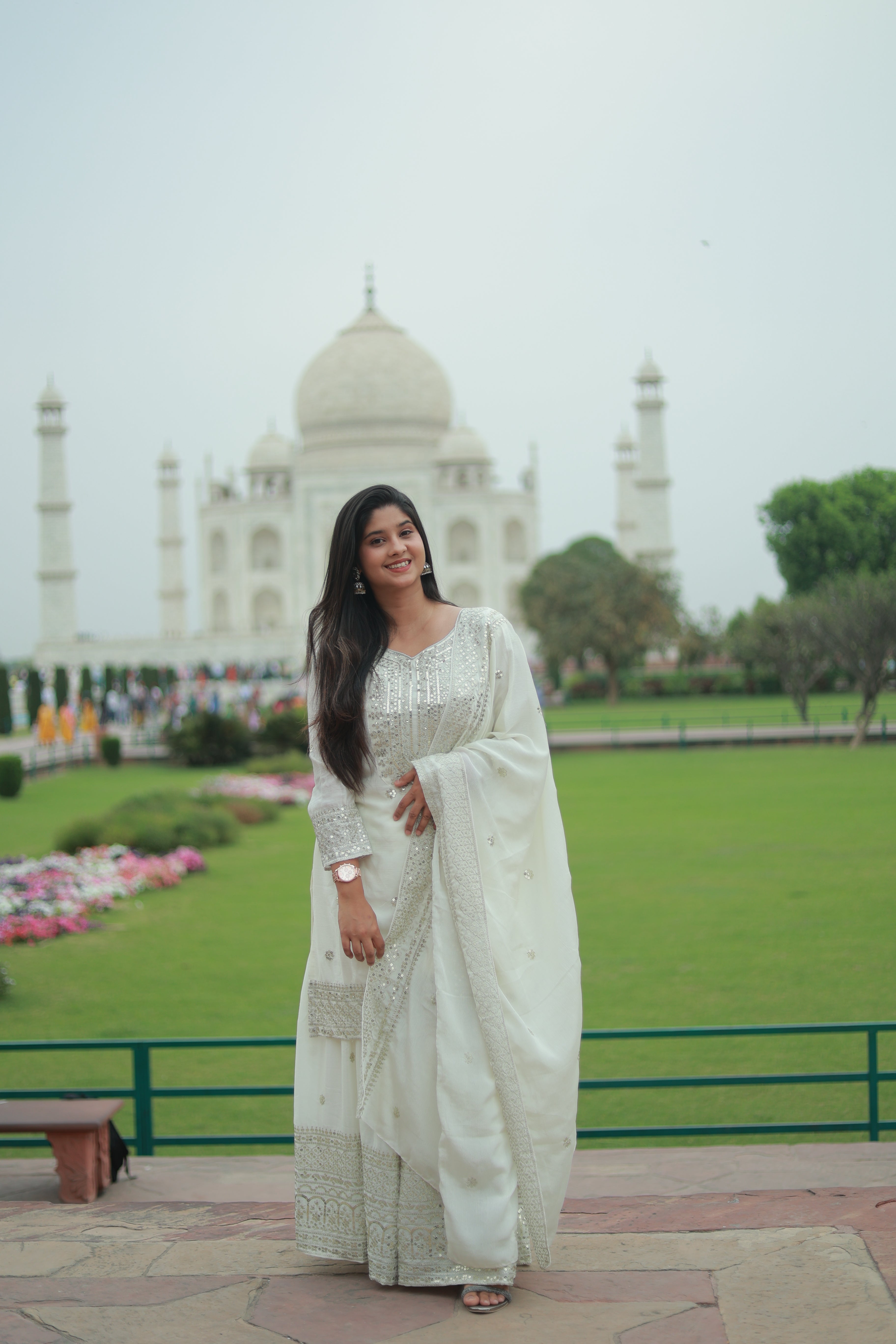 Shubha White Embroidered Chinon Silk Kurti Sharara Set