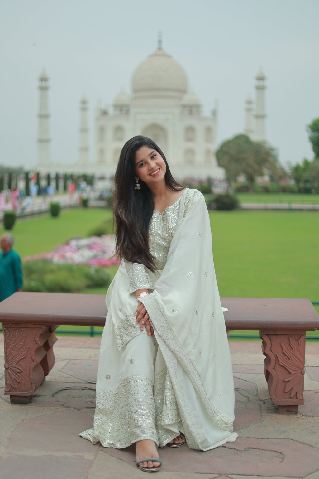 Shubha White Embroidered Chinon Silk Kurti Sharara Set