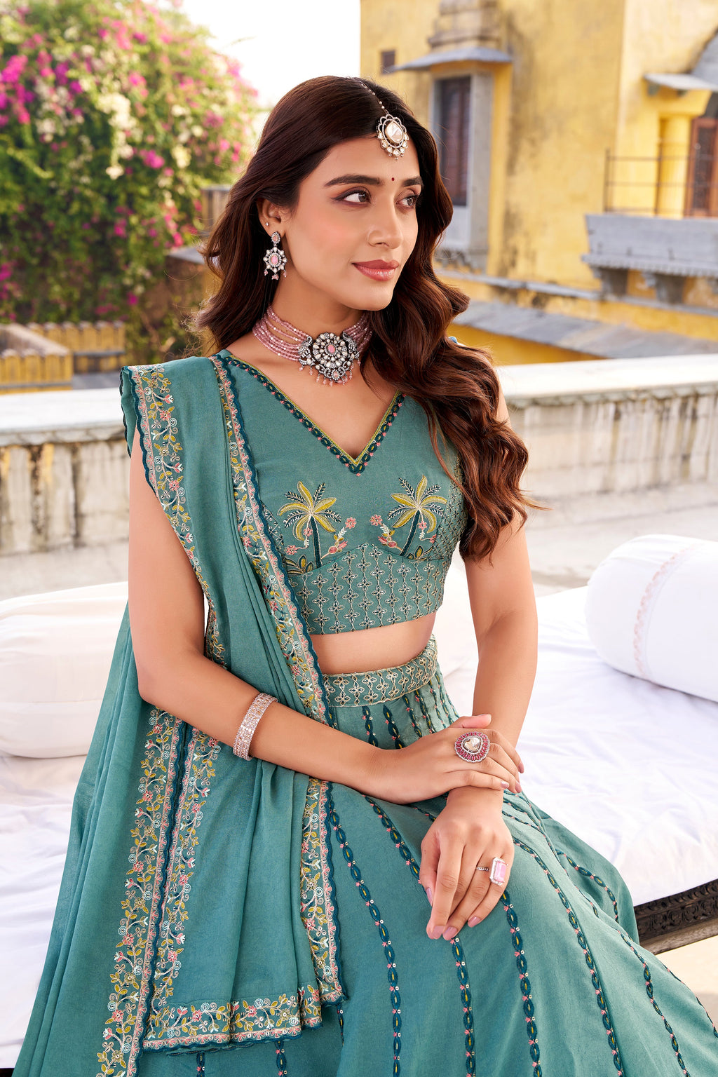 Zarakh sky blue crush silk lehenga choli with sequins and thread embroidery work
