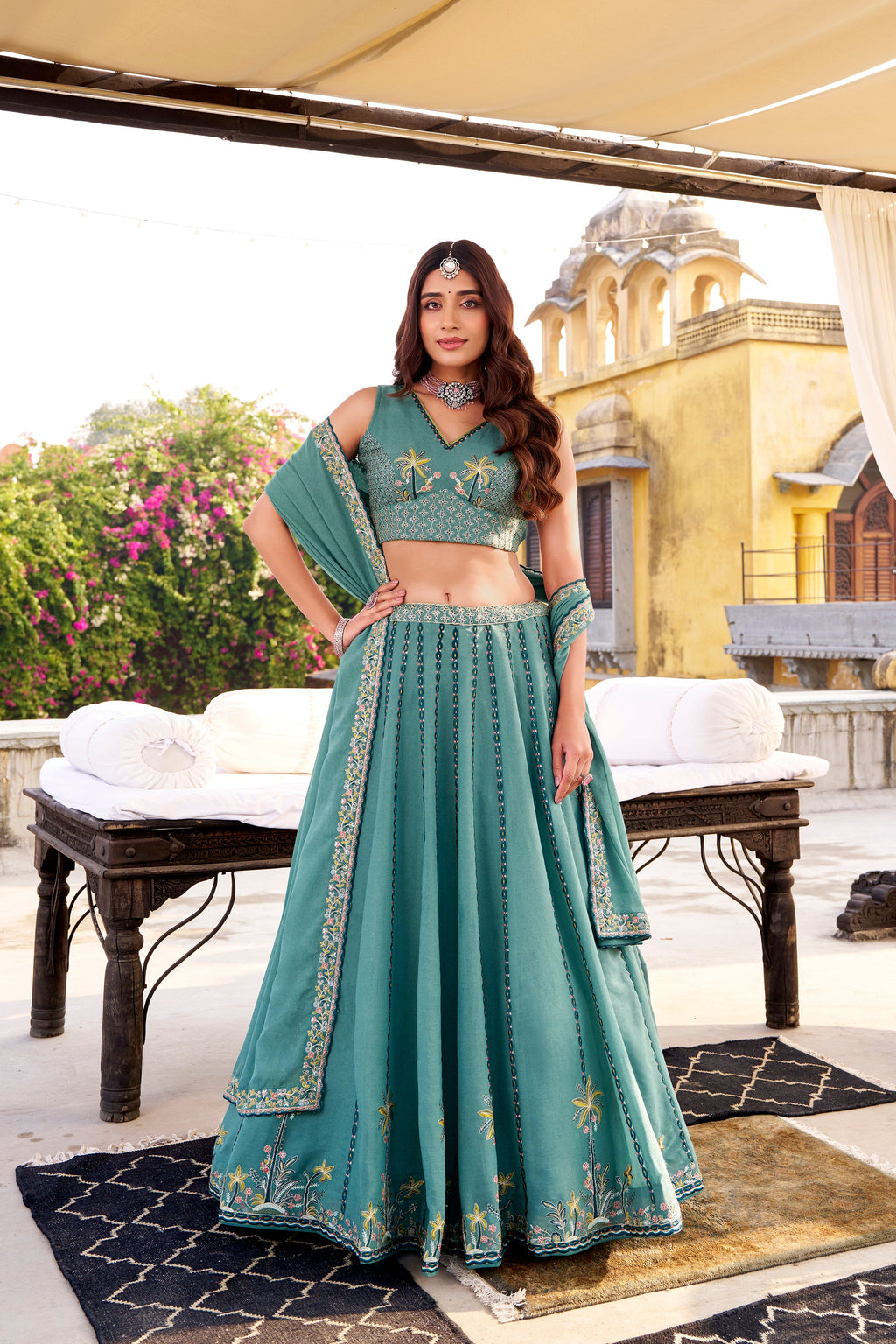 Zarakh sky blue crush silk lehenga choli with sequins and thread embroidery work