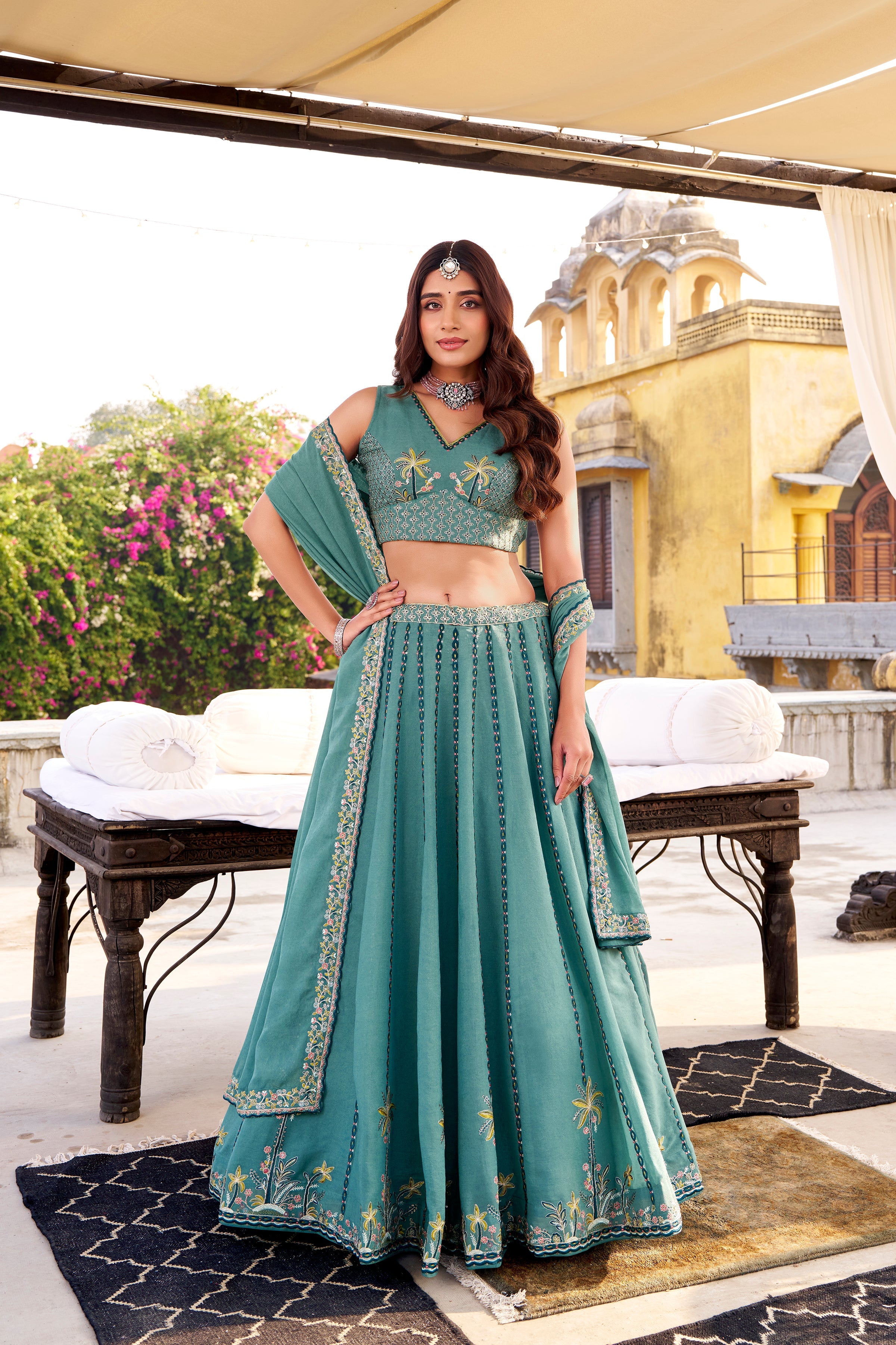 Zarakh sky blue crush silk lehenga choli with sequins and thread embroidery work