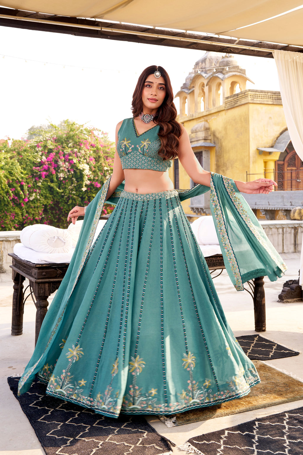 Zarakh sky blue crush silk lehenga choli with sequins and thread embroidery work