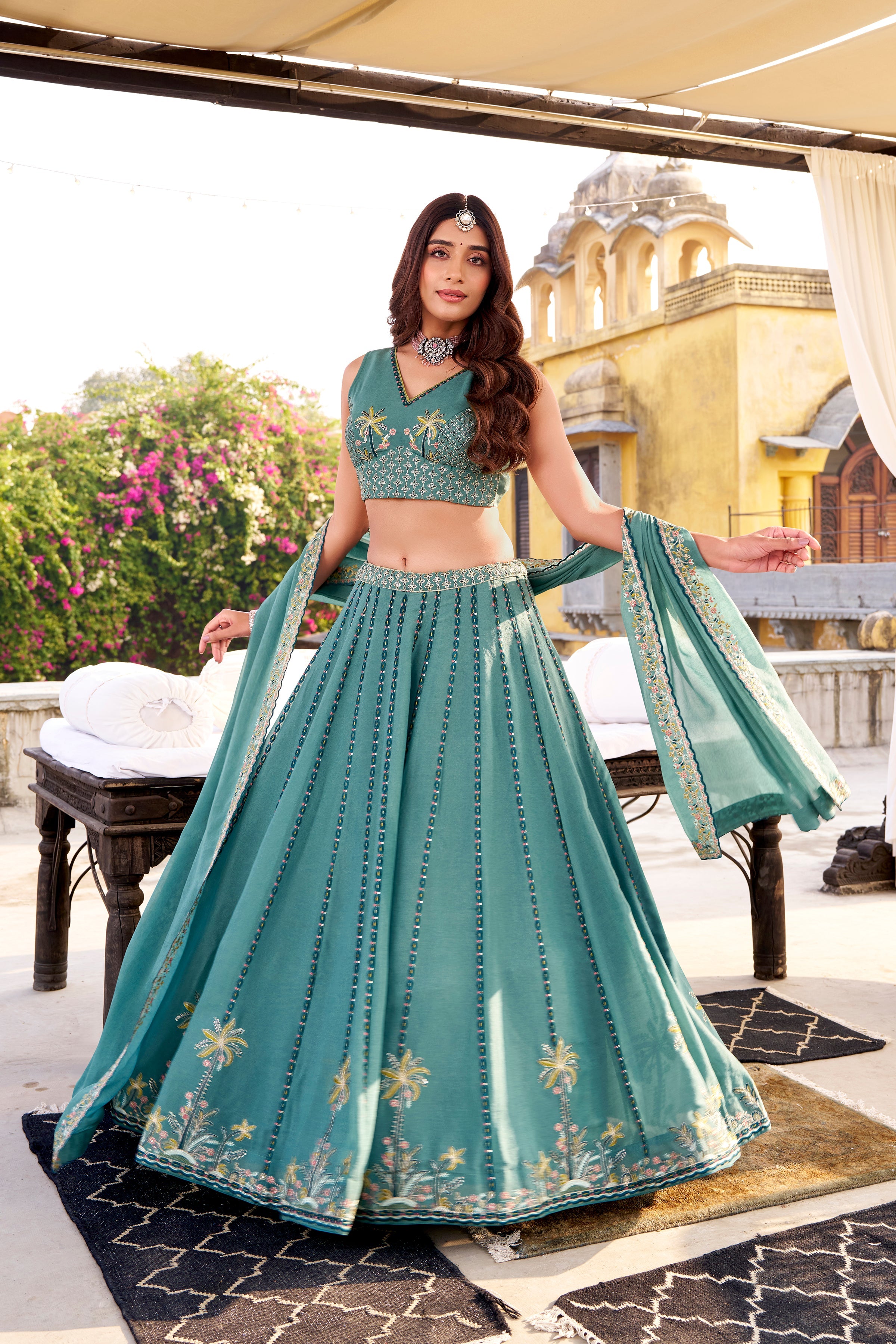 Zarakh sky blue crush silk lehenga choli with sequins and thread embroidery work