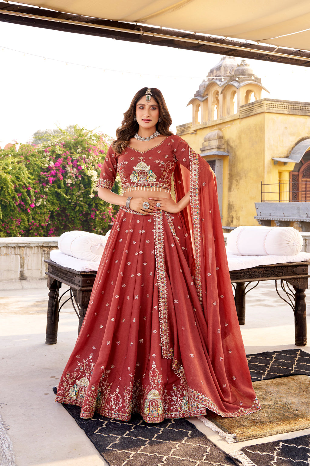 Zarakh rust maroon crush silk lehenga choli with sequins and thread embroidery work