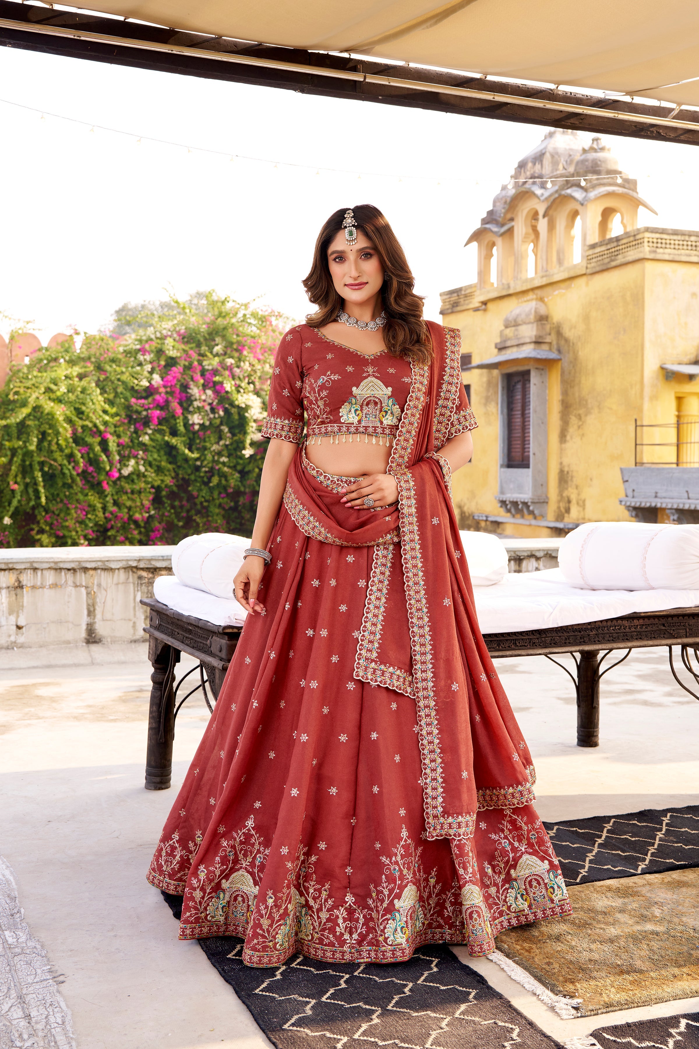 Zarakh rust maroon crush silk lehenga choli with sequins and thread embroidery work