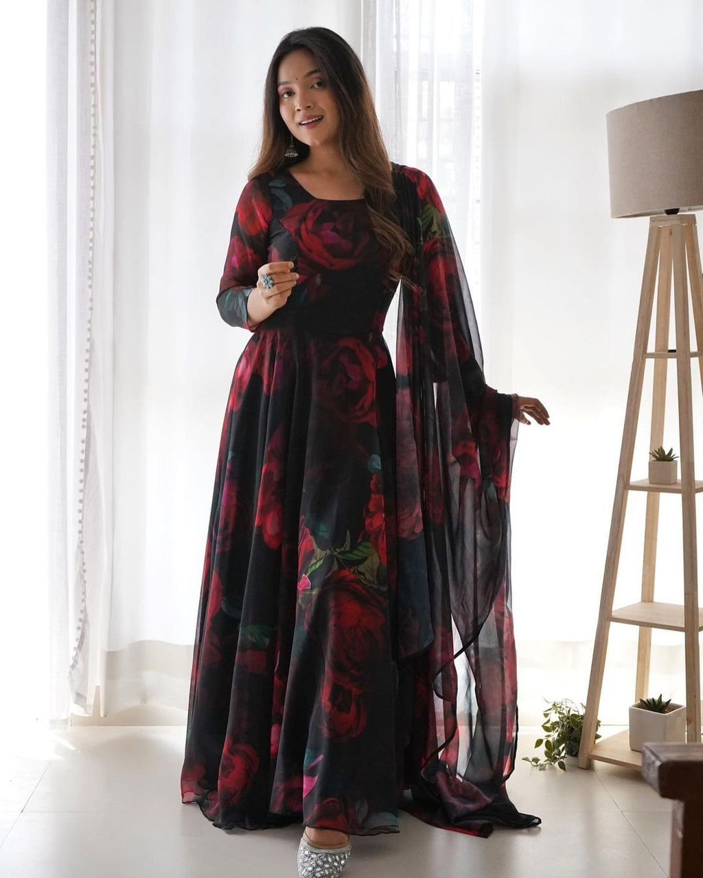 Bloom black printed georgette anarkali suit set