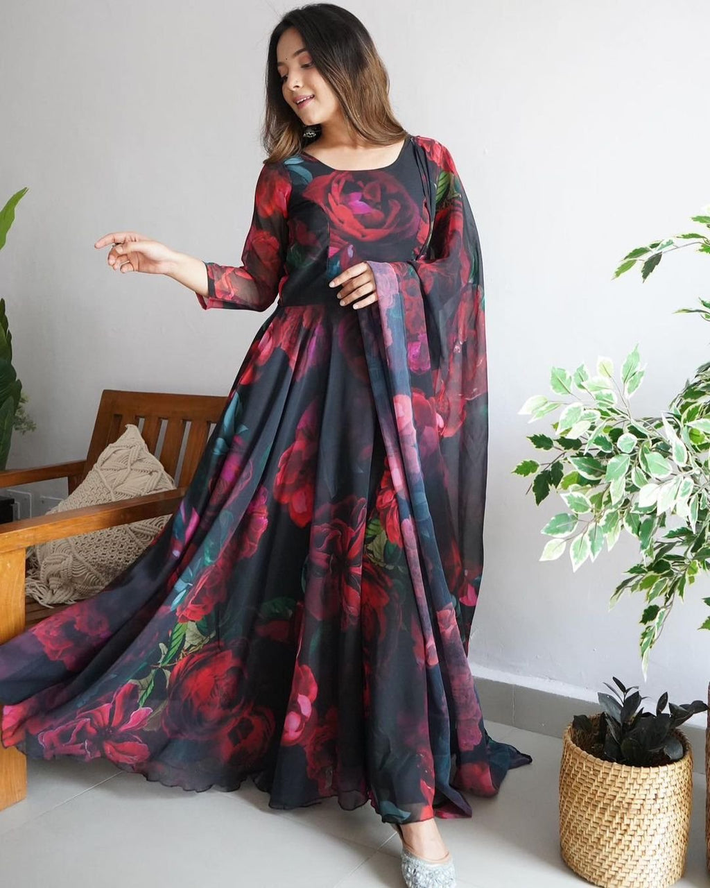Bloom black printed georgette anarkali suit set