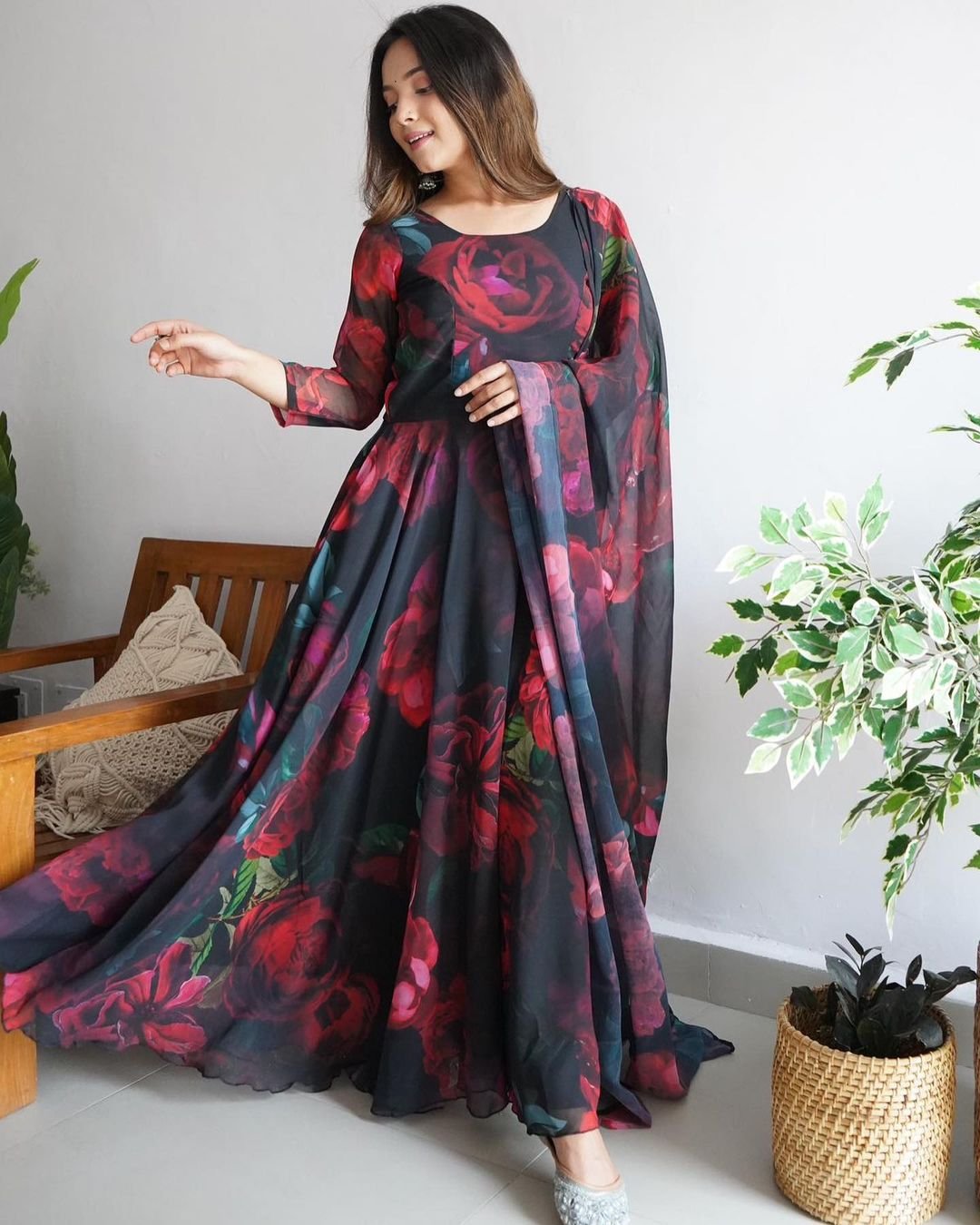 Bloom black printed georgette anarkali suit set