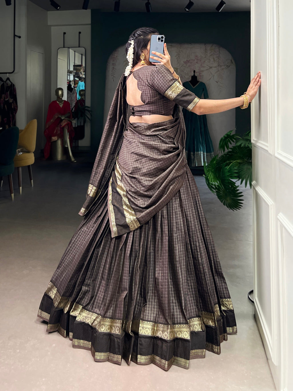 Rimi grey Chettinad cotton chex half-saree lehenga with zari weaving work