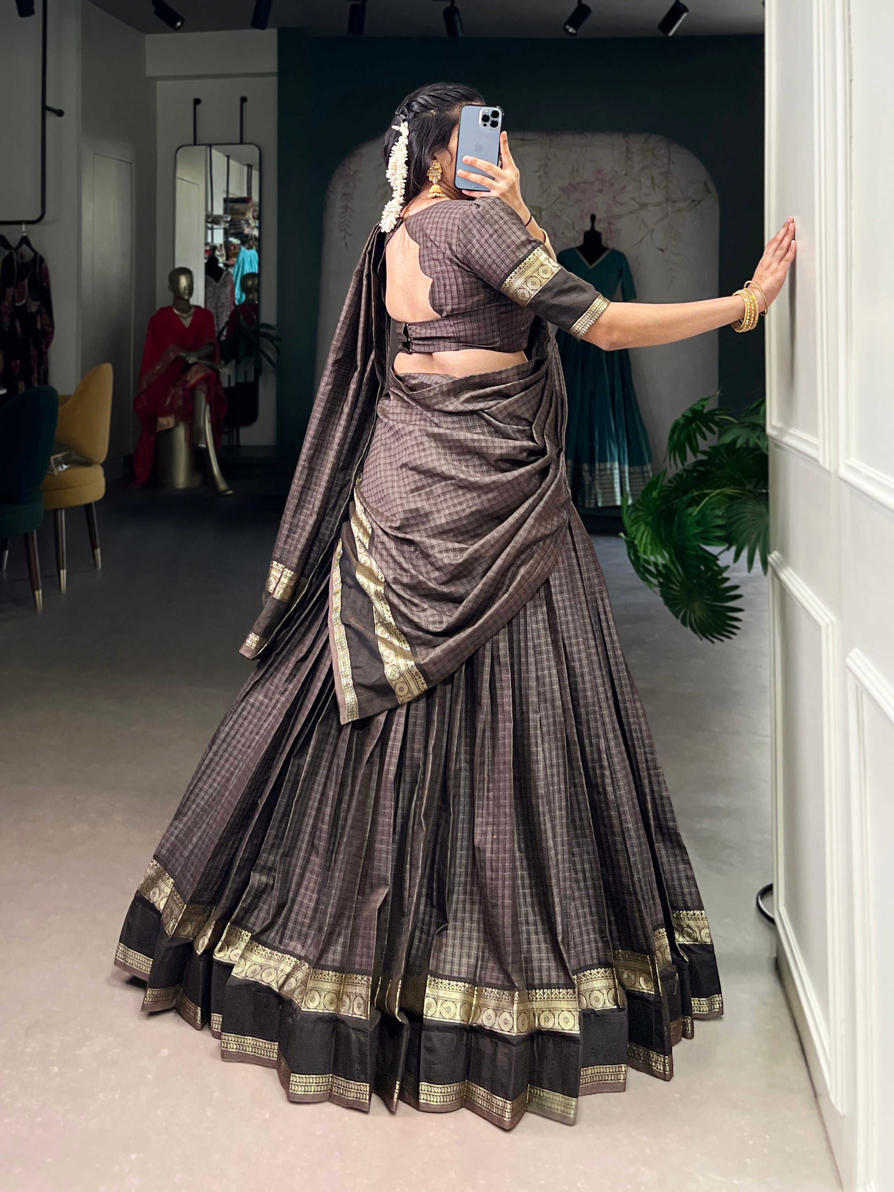 Rimi grey Chettinad cotton chex half-saree lehenga with zari weaving work