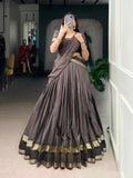 Rimi grey Chettinad cotton chex half-saree lehenga with zari weaving work