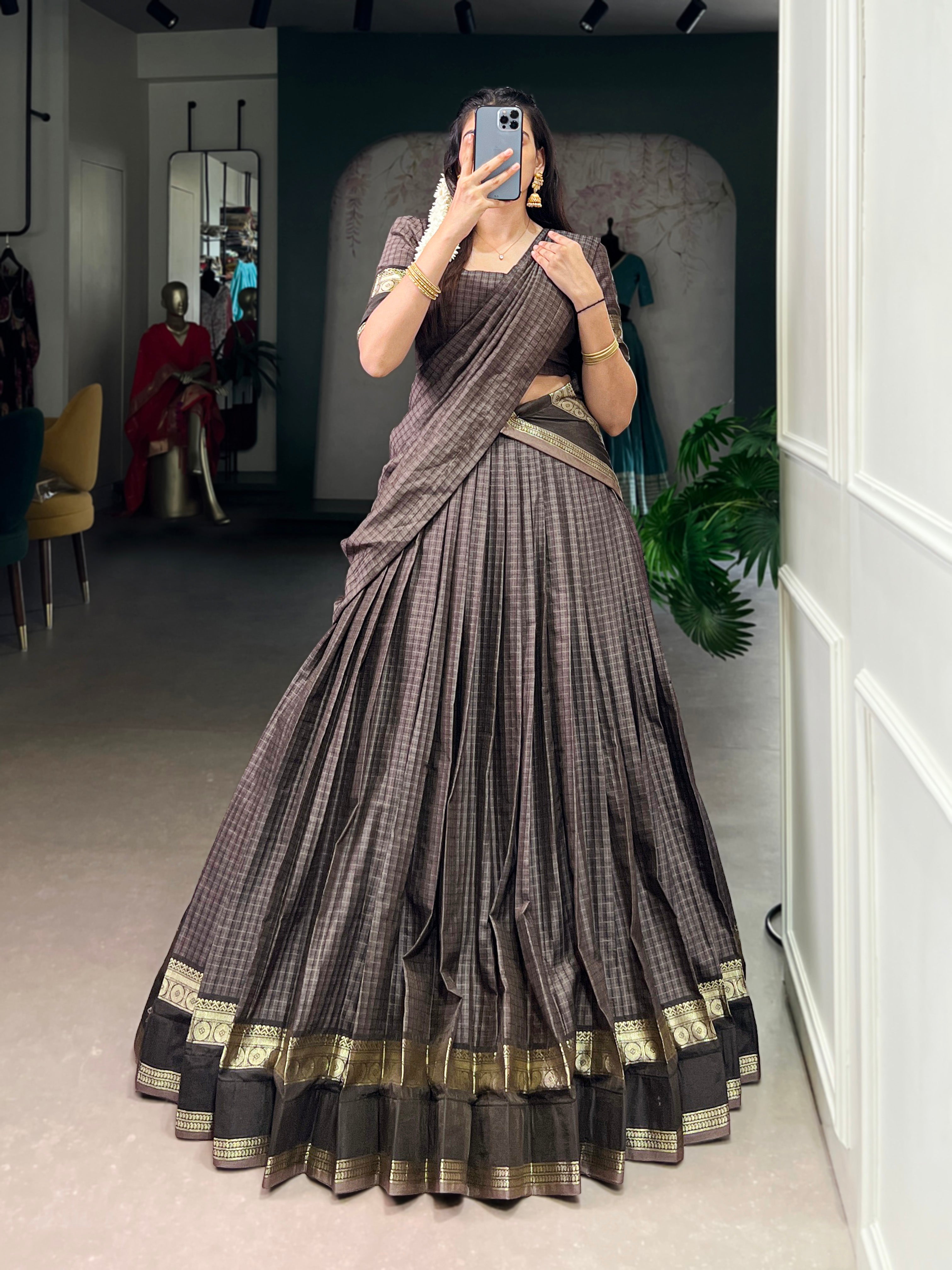 Rimi grey Chettinad cotton chex half-saree lehenga with zari weaving work