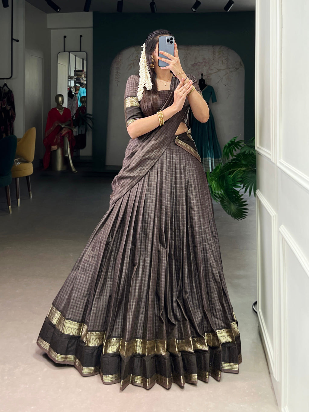 Rimi grey Chettinad cotton chex half-saree lehenga with zari weaving work
