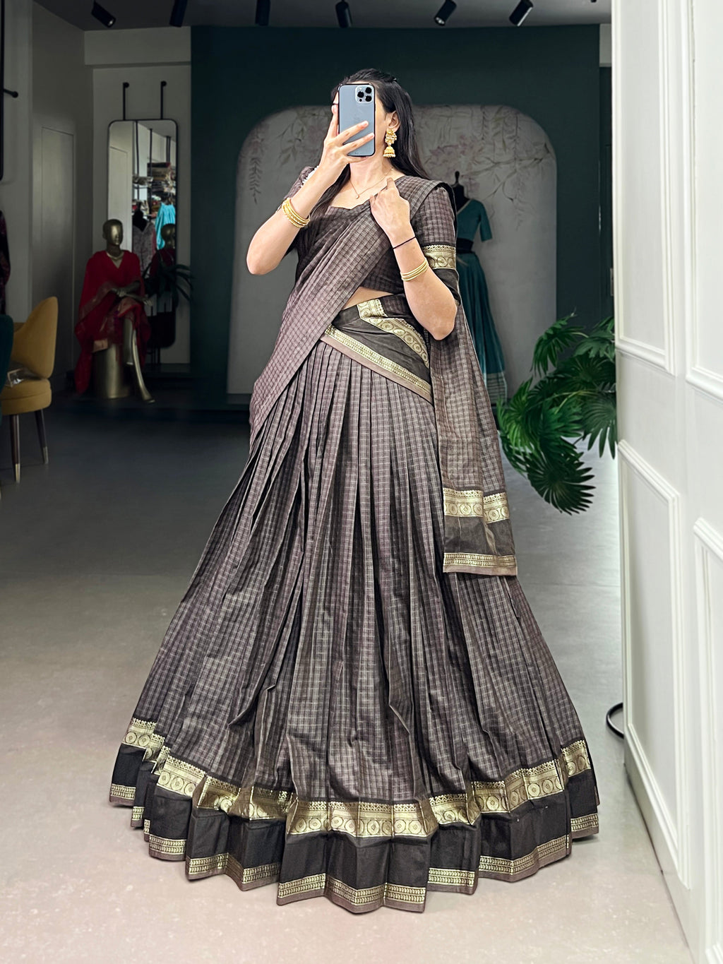 Rimi grey Chettinad cotton chex half-saree lehenga with zari weaving work