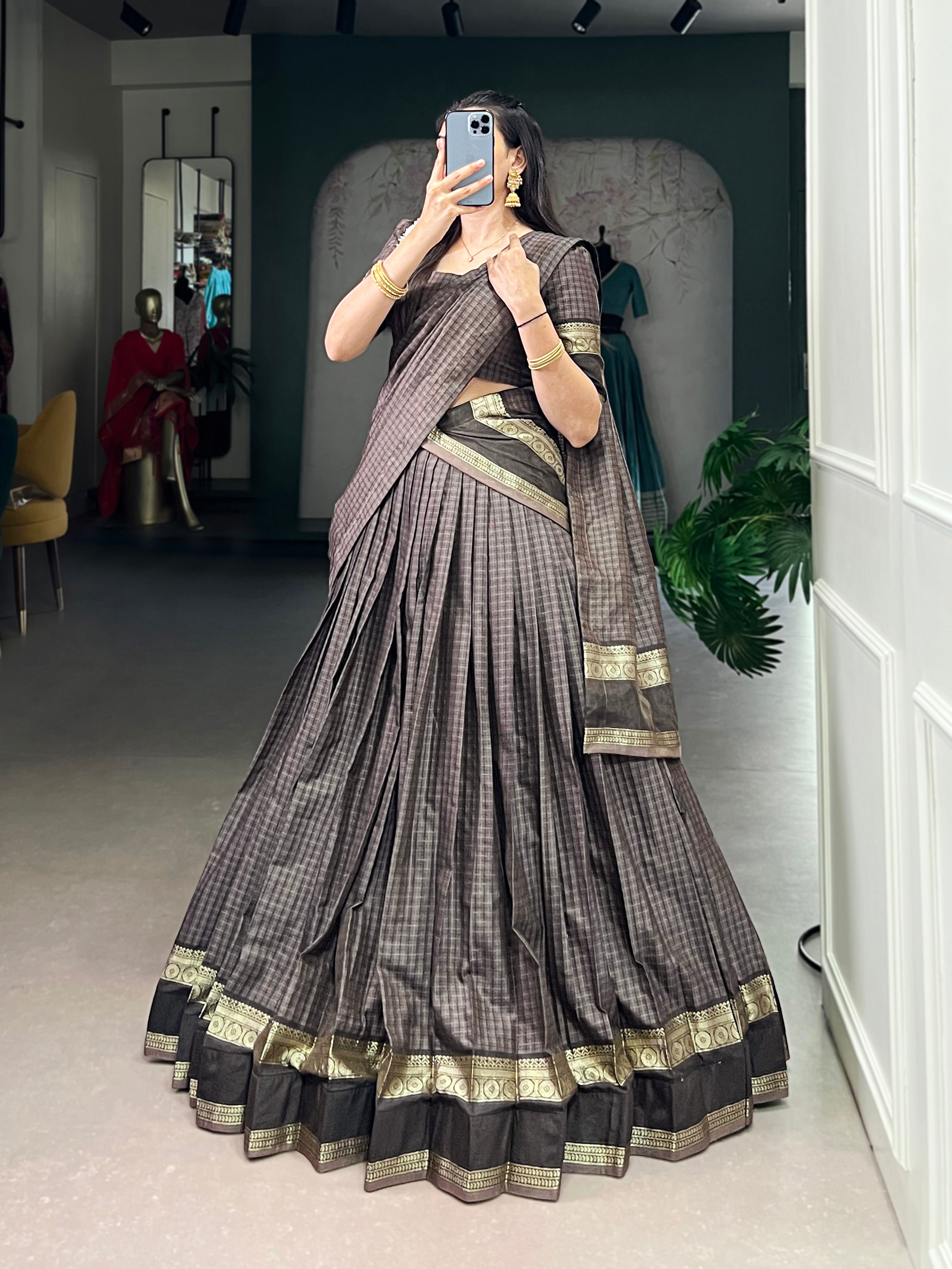 Rimi grey Chettinad cotton chex half-saree lehenga with zari weaving work