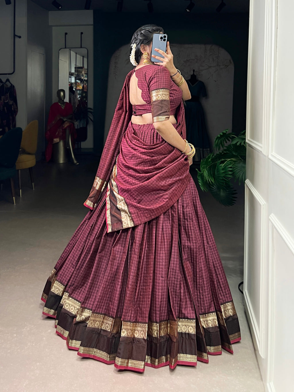 Rimi mulberry Chettinad cotton chex half-saree lehenga with zari weaving work