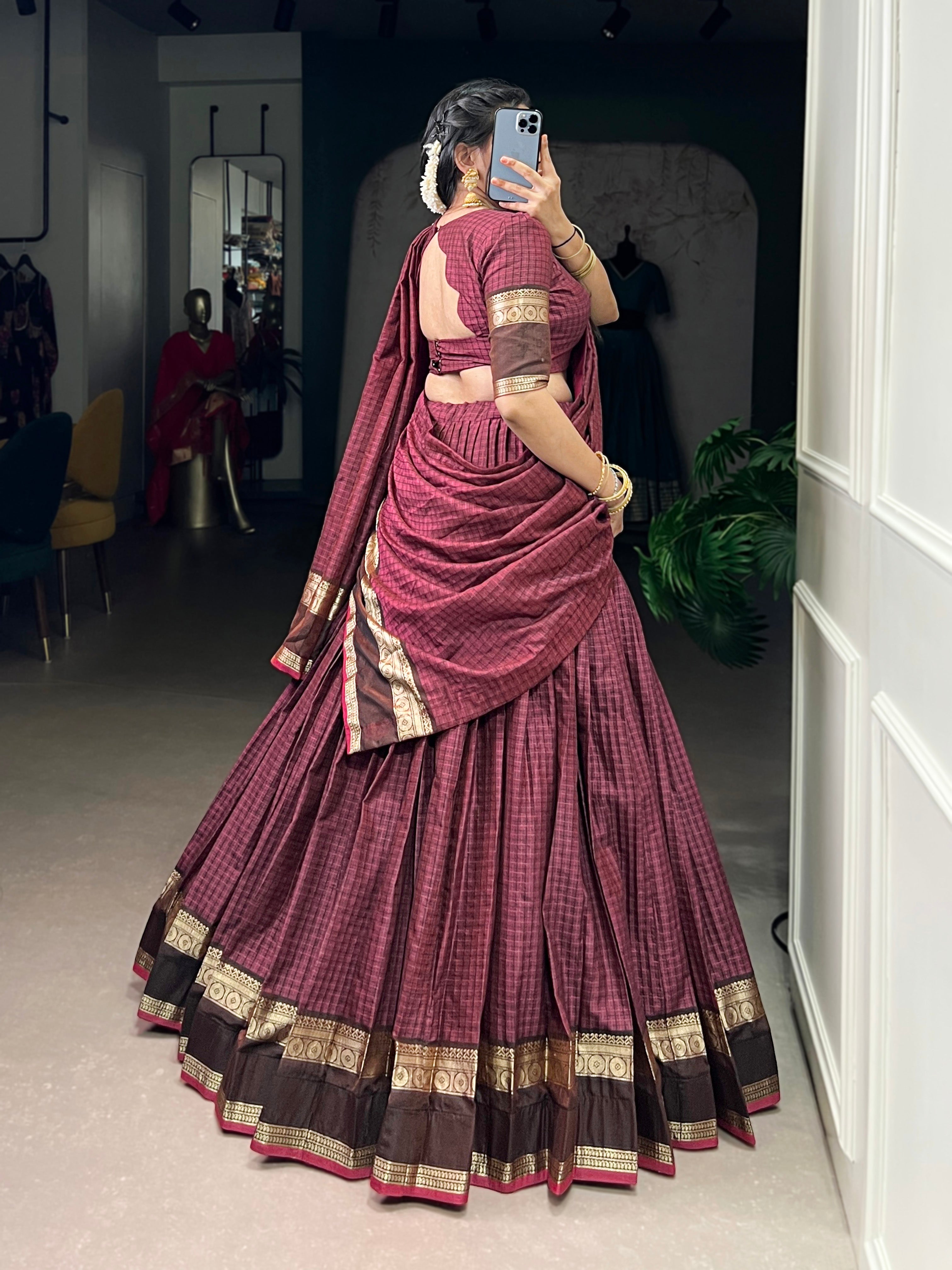 Rimi mulberry Chettinad cotton chex half-saree lehenga with zari weaving work