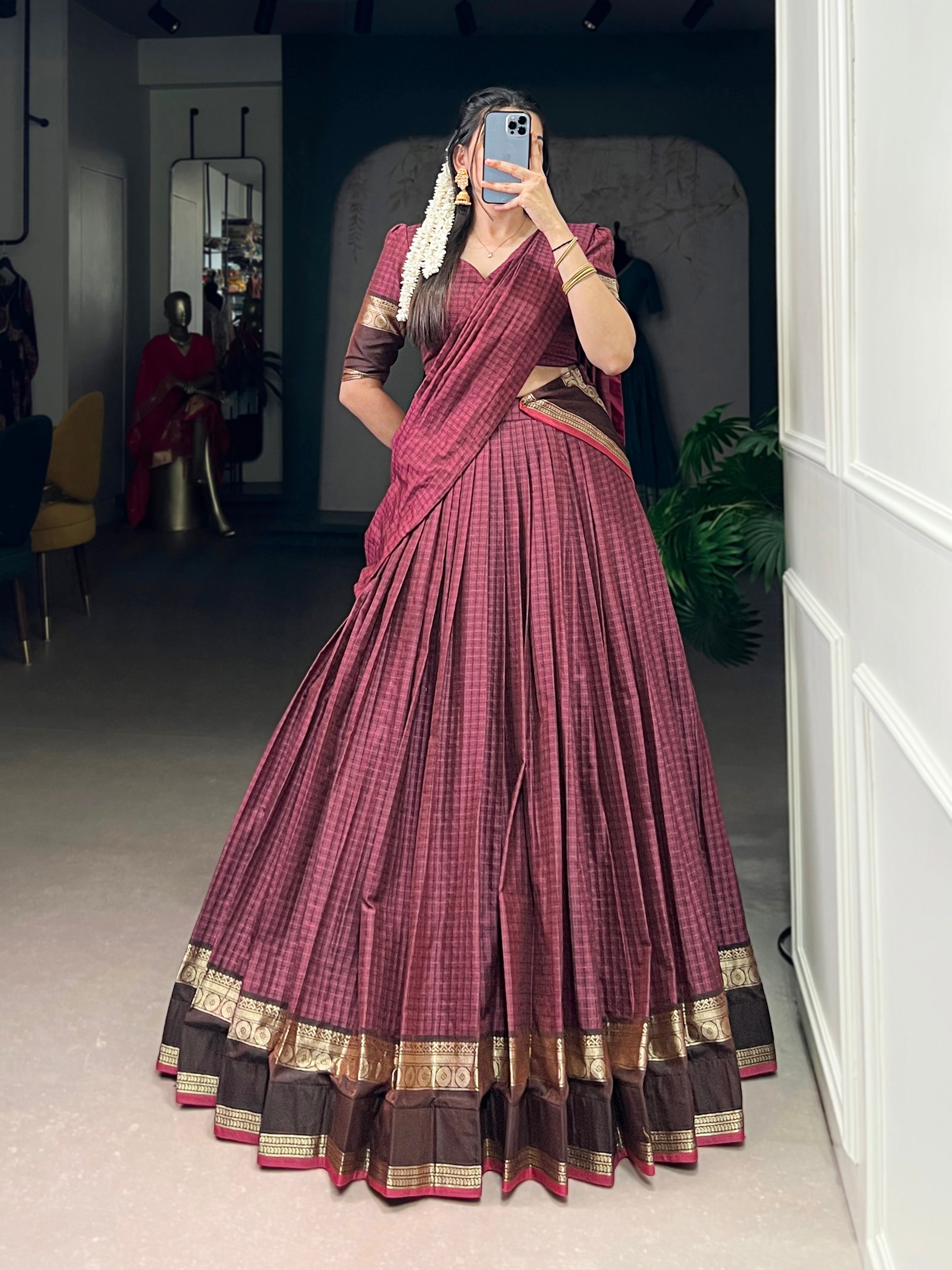 Rimi mulberry Chettinad cotton chex half-saree lehenga with zari weaving work