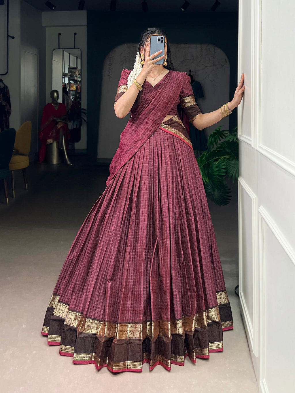 Rimi mulberry Chettinad cotton chex half-saree lehenga with zari weaving work