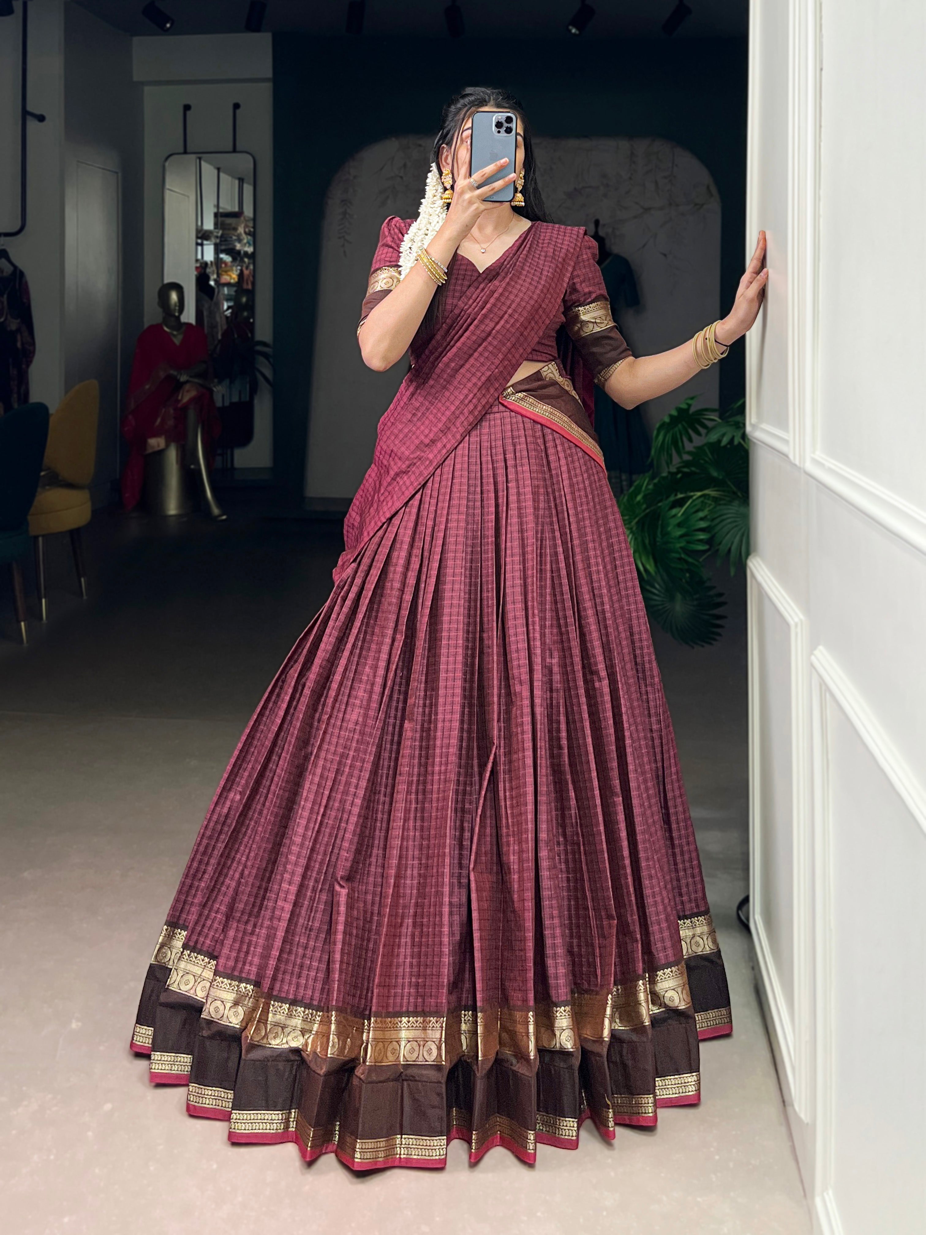 Rimi mulberry Chettinad cotton chex half-saree lehenga with zari weaving work