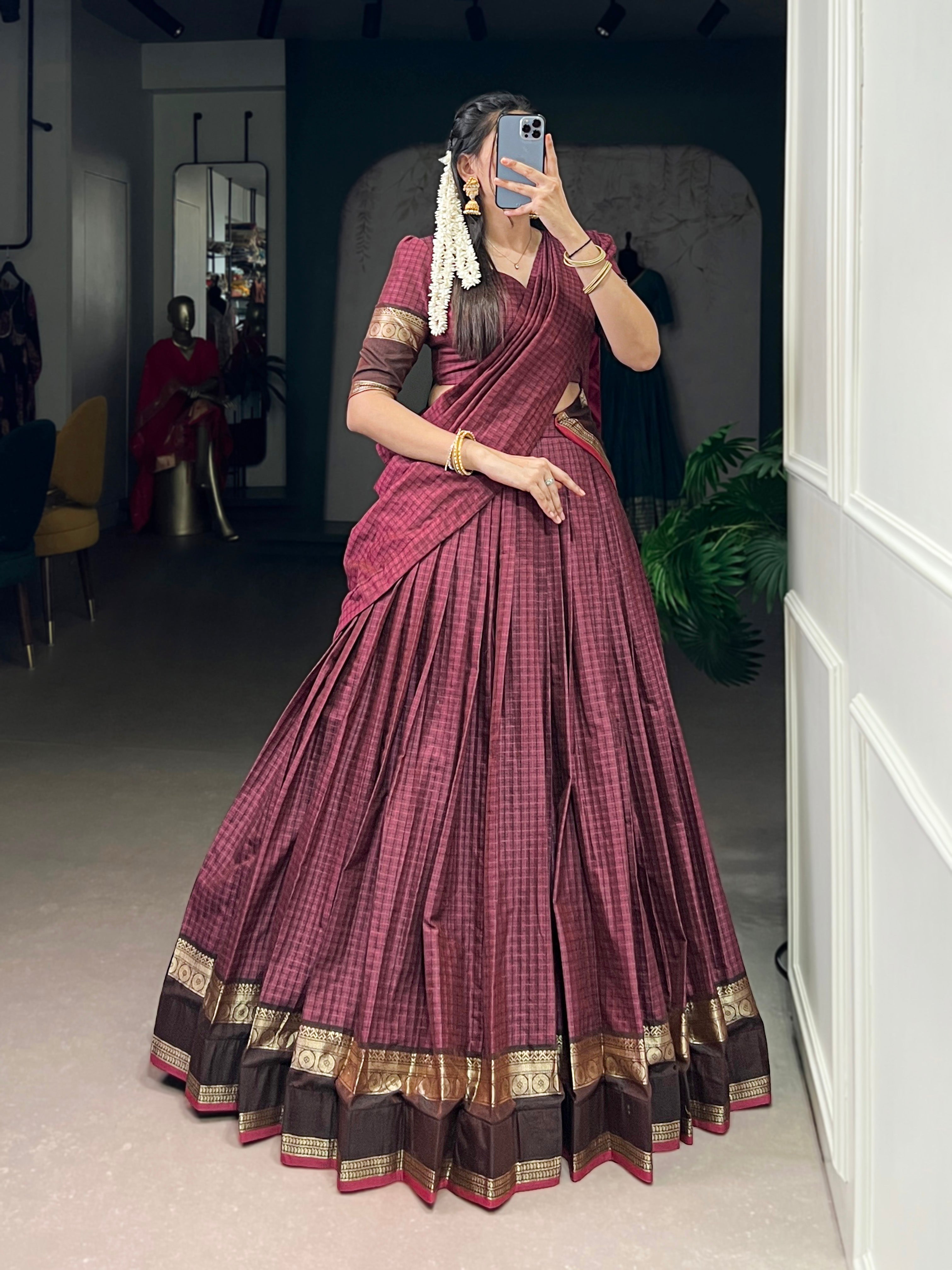 Rimi mulberry Chettinad cotton chex half-saree lehenga with zari weaving work