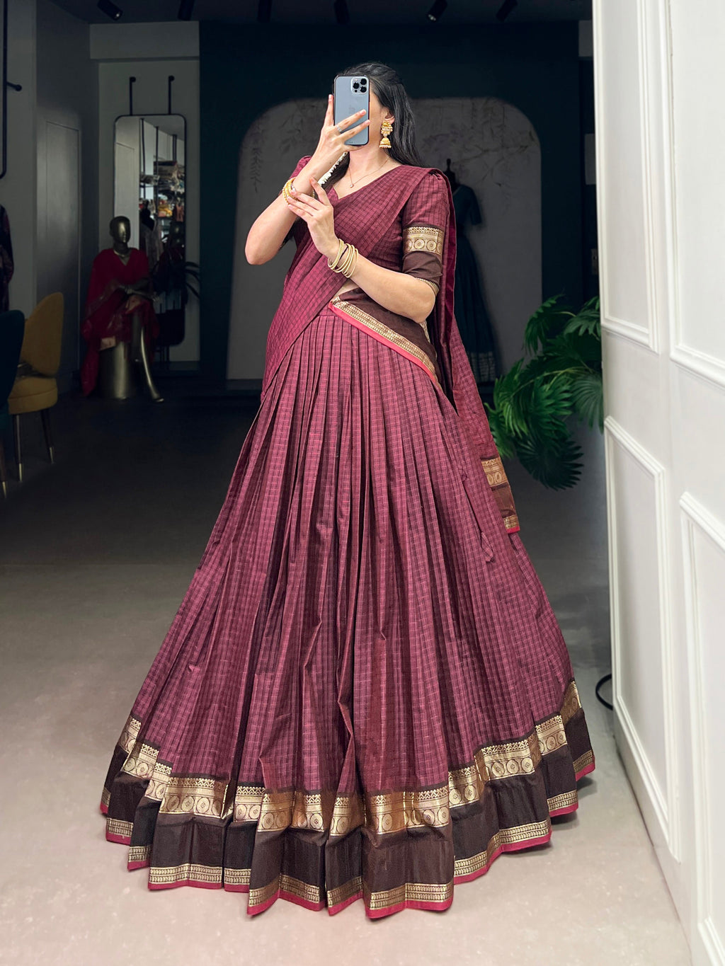 Rimi mulberry Chettinad cotton chex half-saree lehenga with zari weaving work