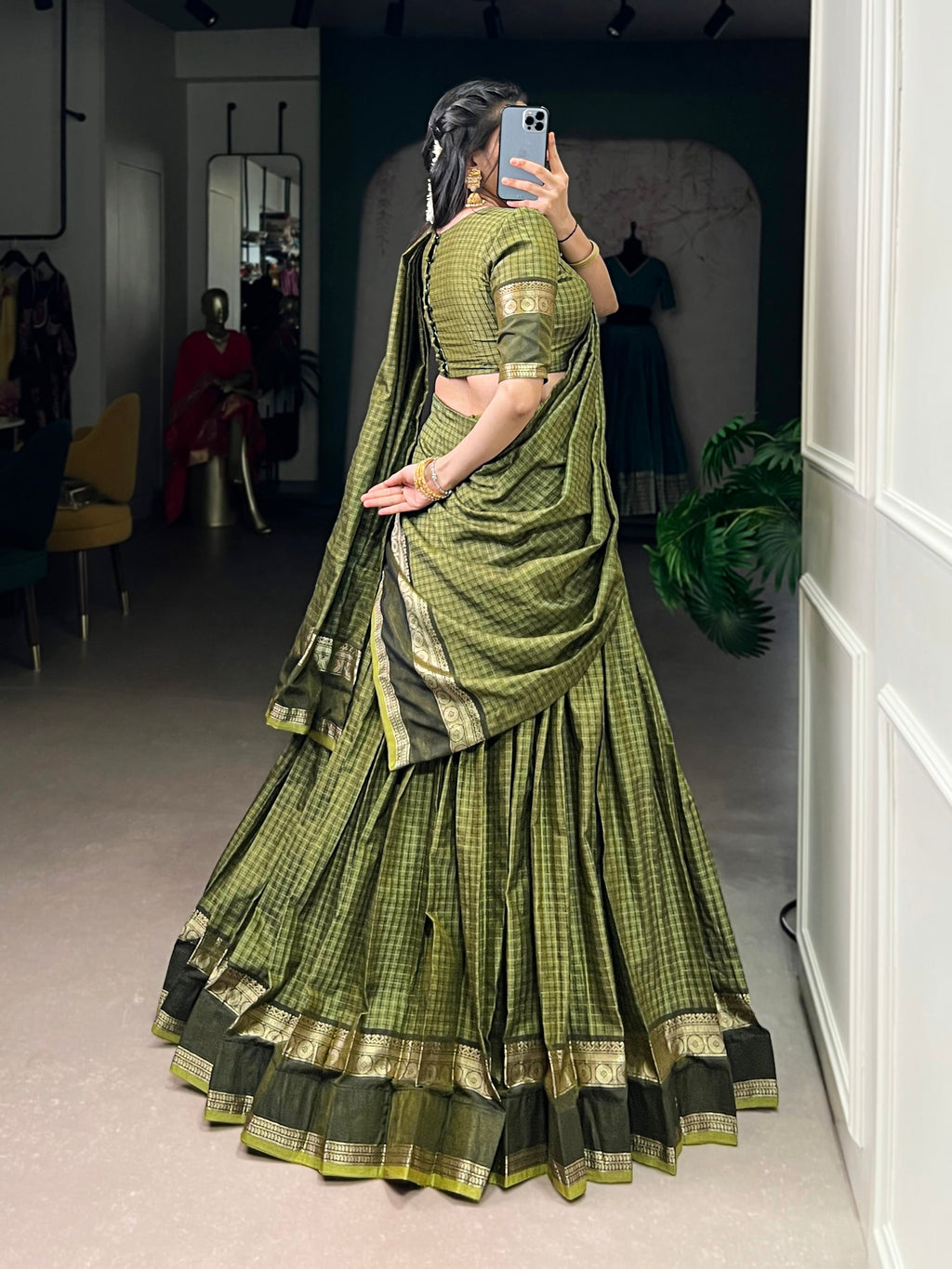 Rimi green Chettinad cotton chex half-saree lehenga with zari weaving work