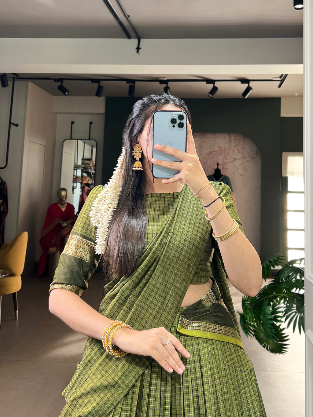 Rimi green Chettinad cotton chex half-saree lehenga with zari weaving work