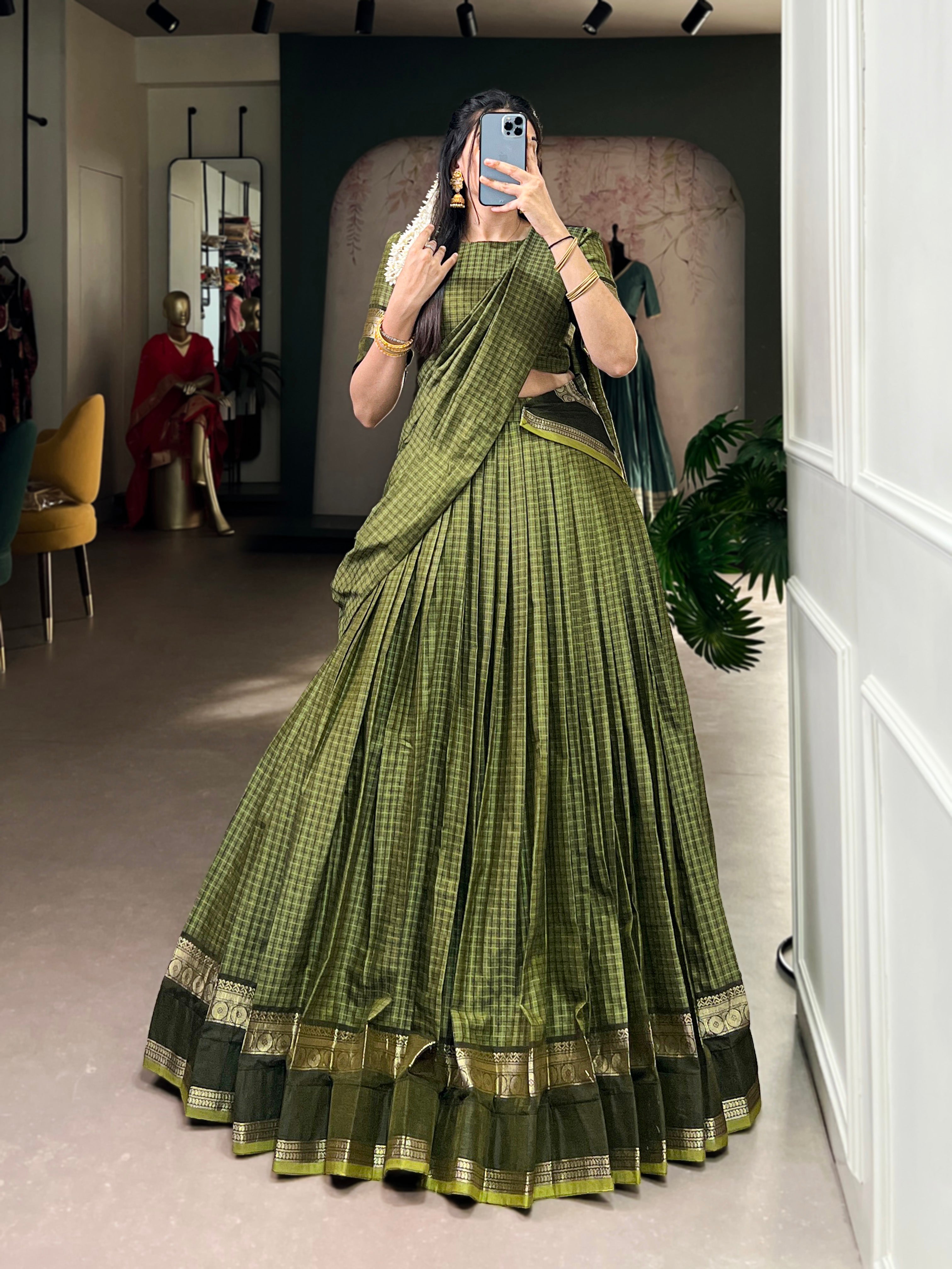 Rimi green Chettinad cotton chex half-saree lehenga with zari weaving work