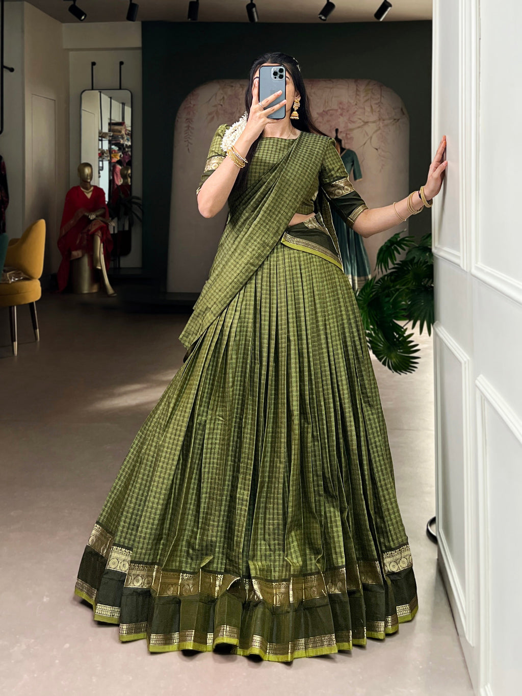Rimi green Chettinad cotton chex half-saree lehenga with zari weaving work