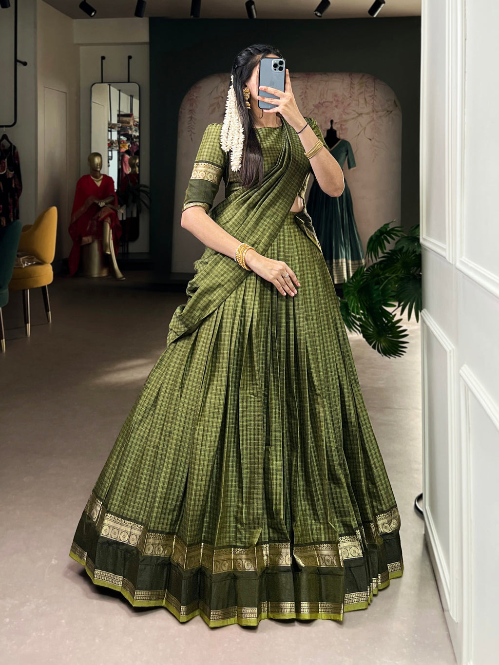 Rimi green Chettinad cotton chex half-saree lehenga with zari weaving work