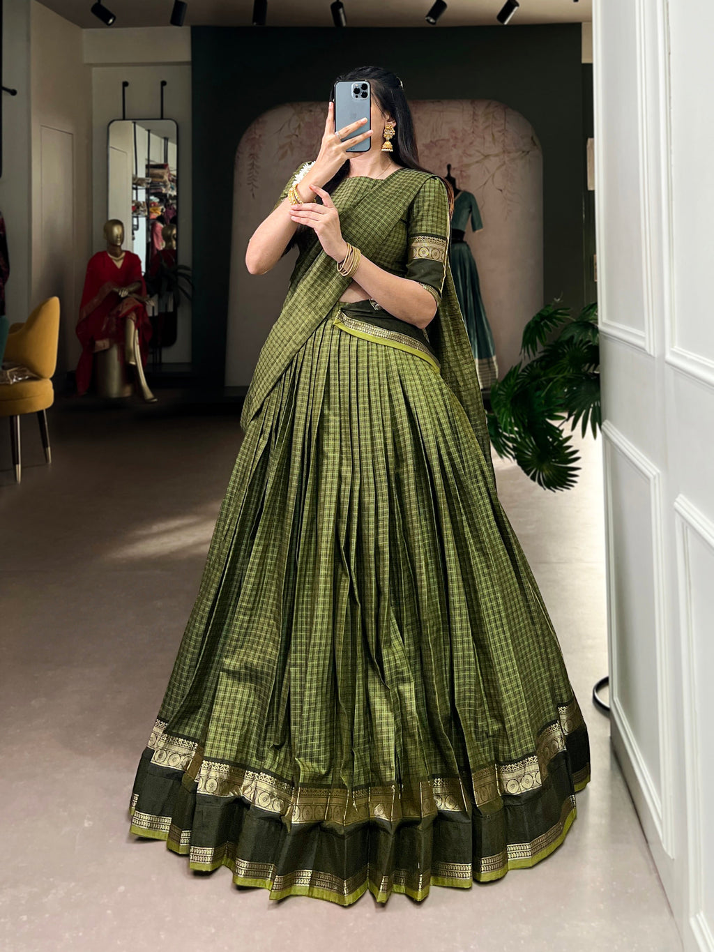 Rimi green Chettinad cotton chex half-saree lehenga with zari weaving work