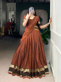 Rimi rust orange Chettinad cotton chex half-saree lehenga with rich zari weaving work