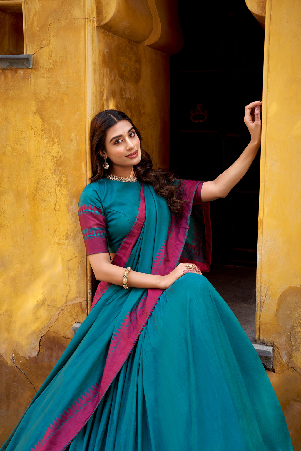 Swastika teal blue pure Chanderi thread work half saree lehenga