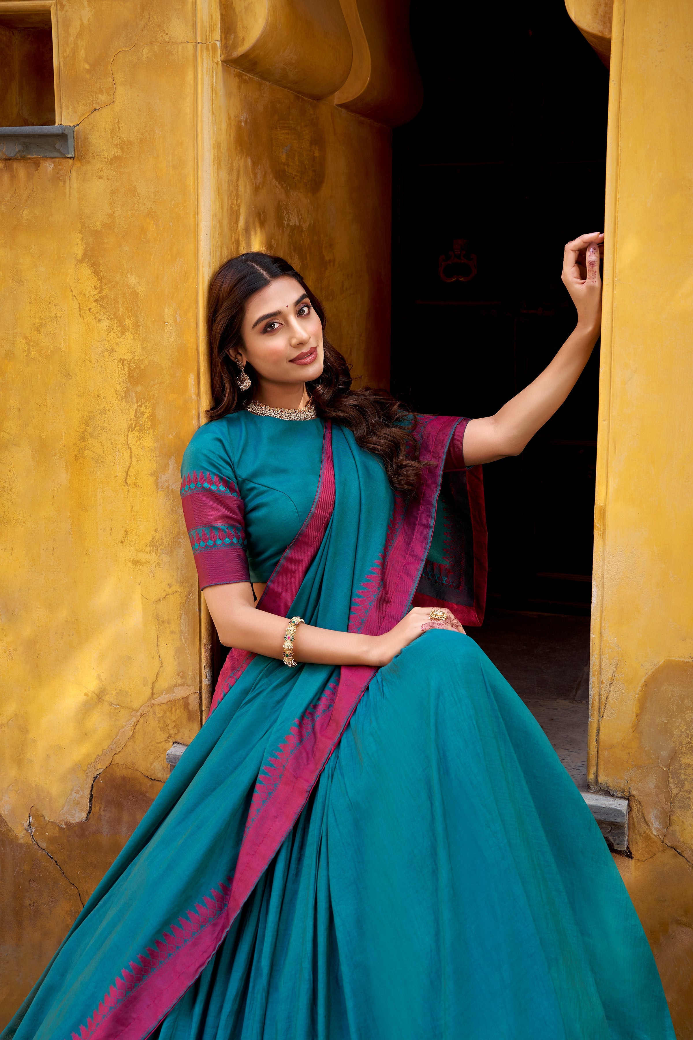 Swastika teal blue pure Chanderi thread work half saree lehenga