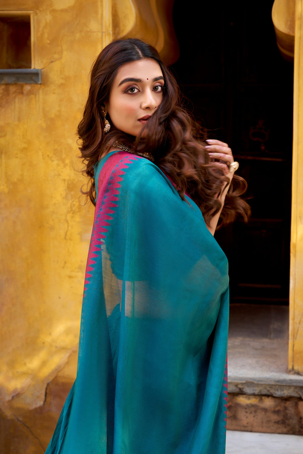 Swastika teal blue pure Chanderi thread work half saree lehenga