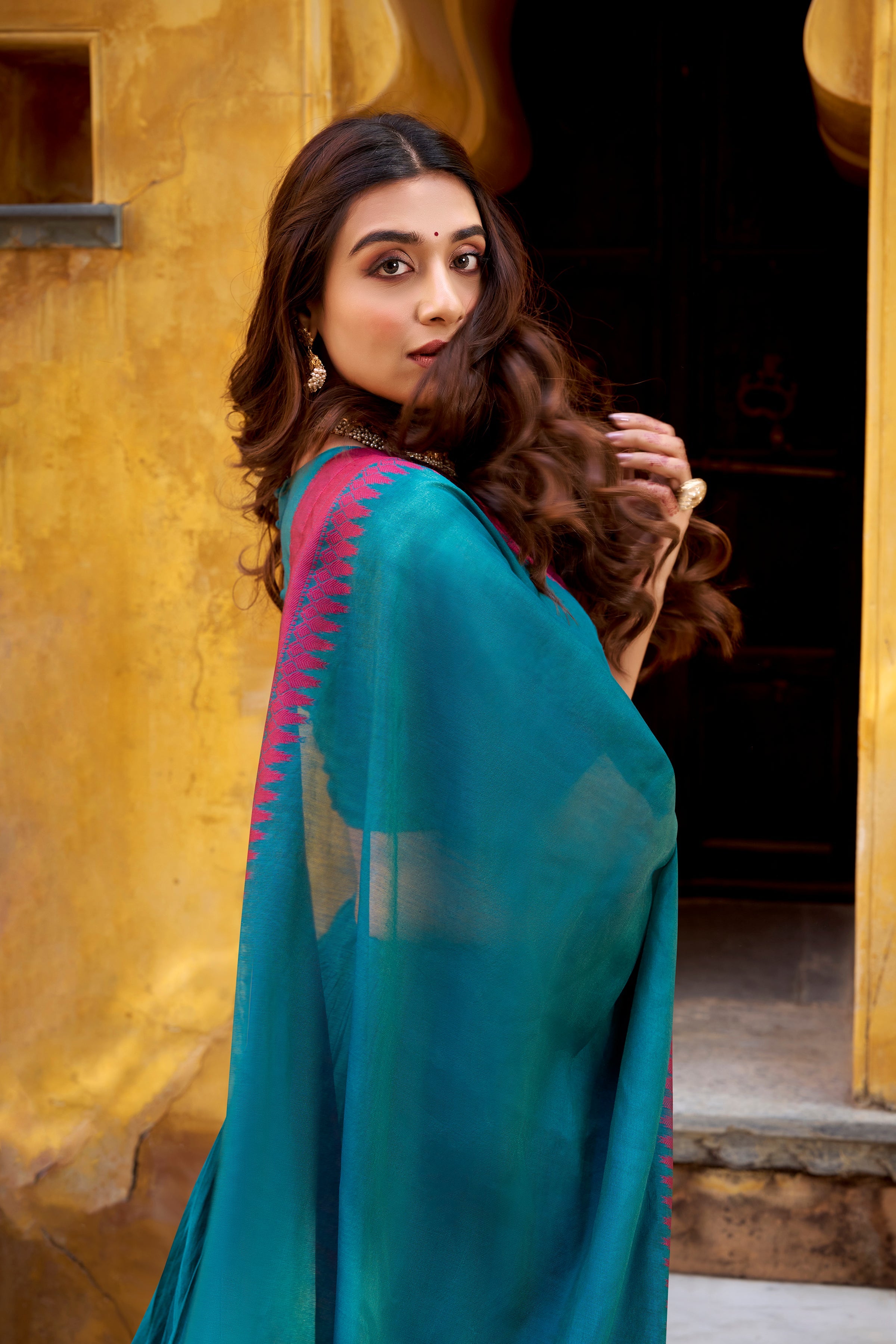 Swastika teal blue pure Chanderi thread work half saree lehenga