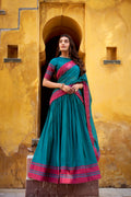 Swastika teal blue pure Chanderi thread work half saree lehenga