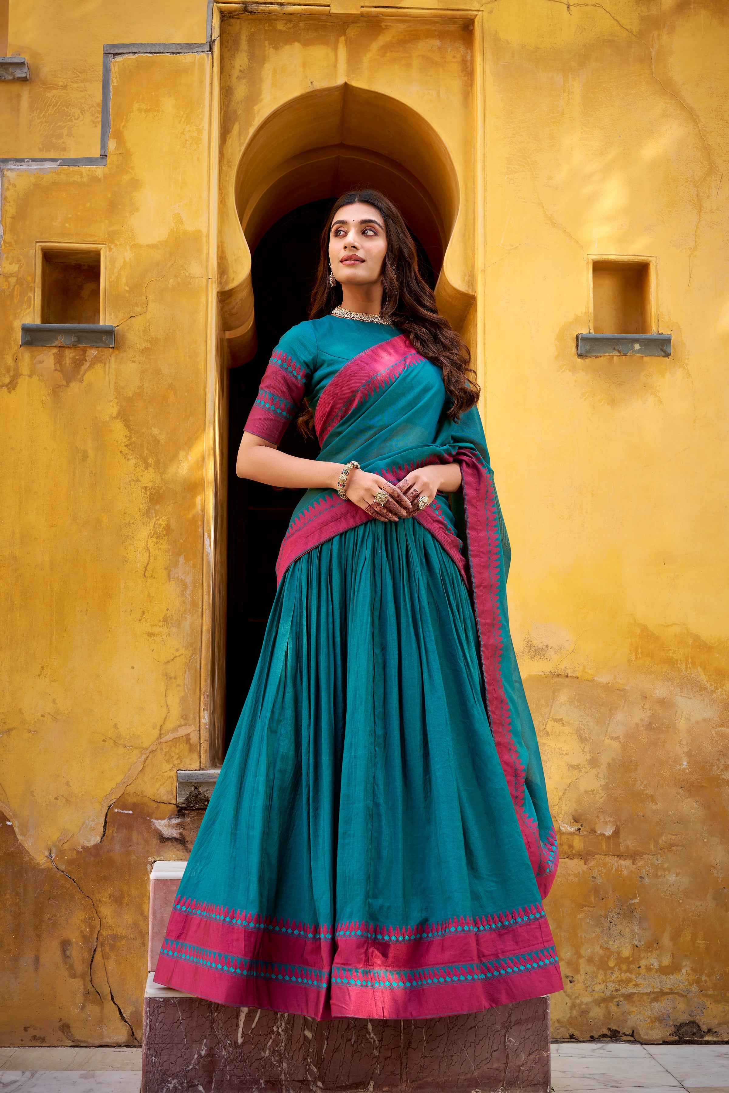 Swastika teal blue pure Chanderi thread work half saree lehenga