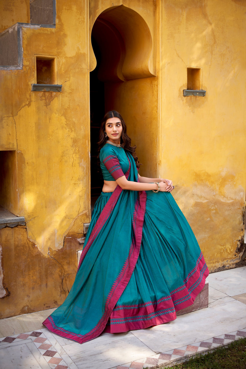 Swastika teal blue pure Chanderi thread work half saree lehenga