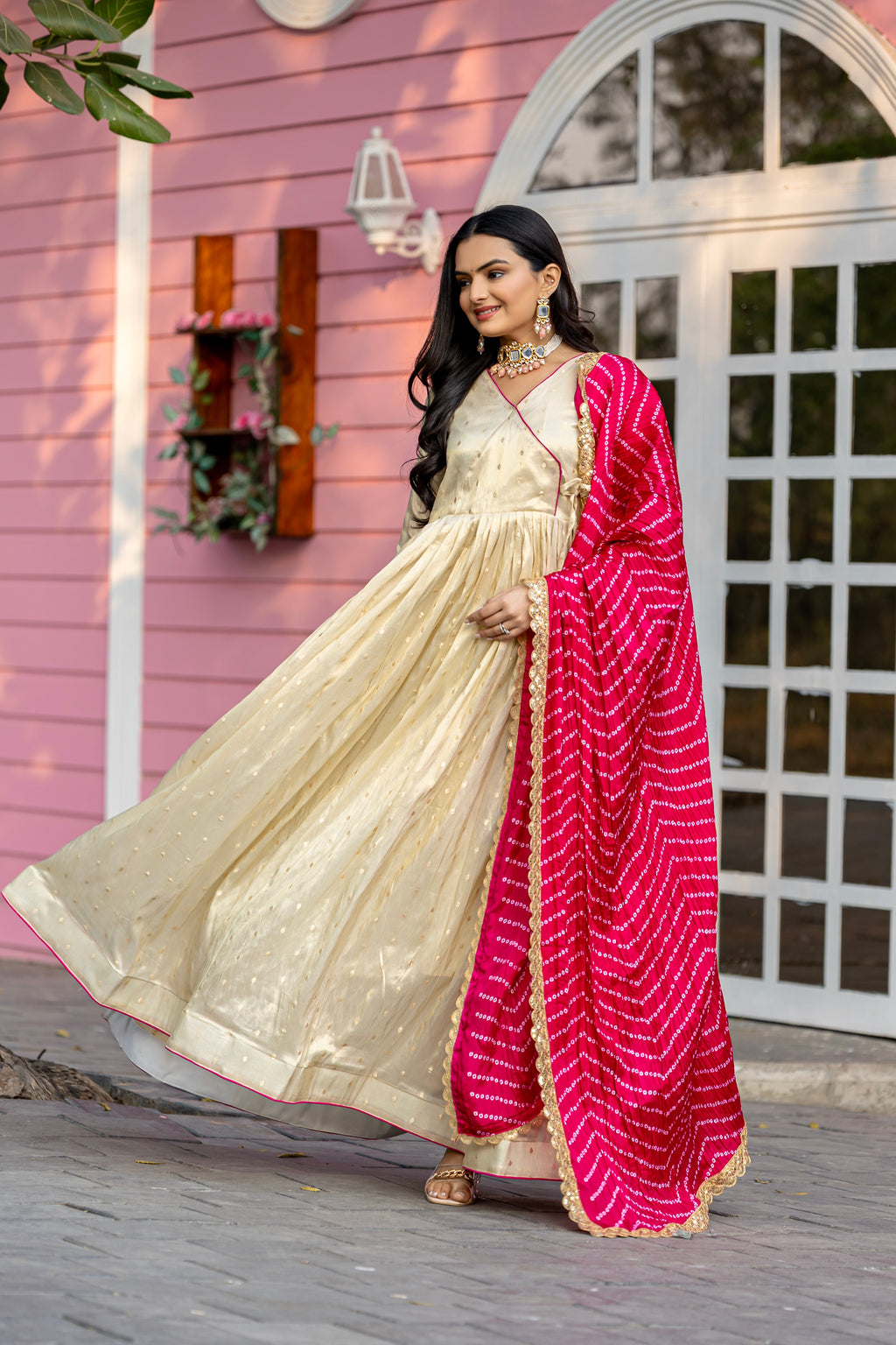Cream jacquard butti gown with digital printed chinon dupatta