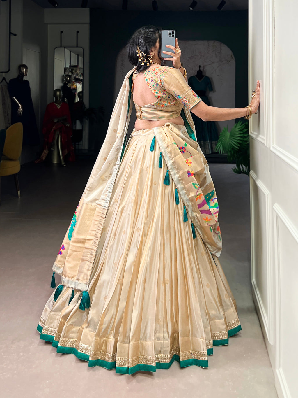 Kalyani cream shimmer Paithani zari weaving lehenga choli with green border and dupatta