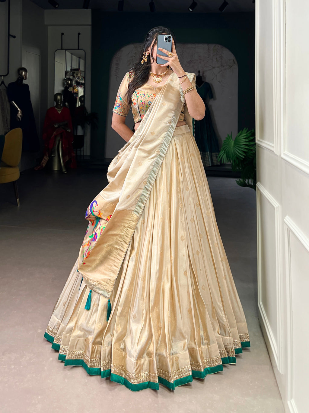 Kalyani cream shimmer Paithani zari weaving lehenga choli with green border and dupatta