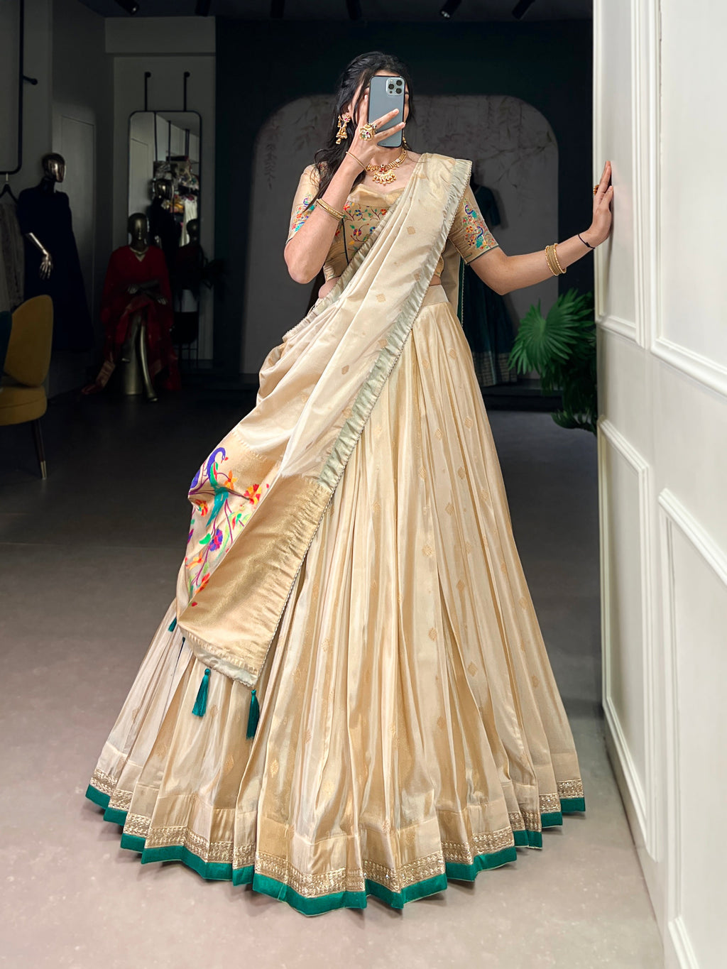 Kalyani cream shimmer Paithani zari weaving lehenga choli with green border and dupatta