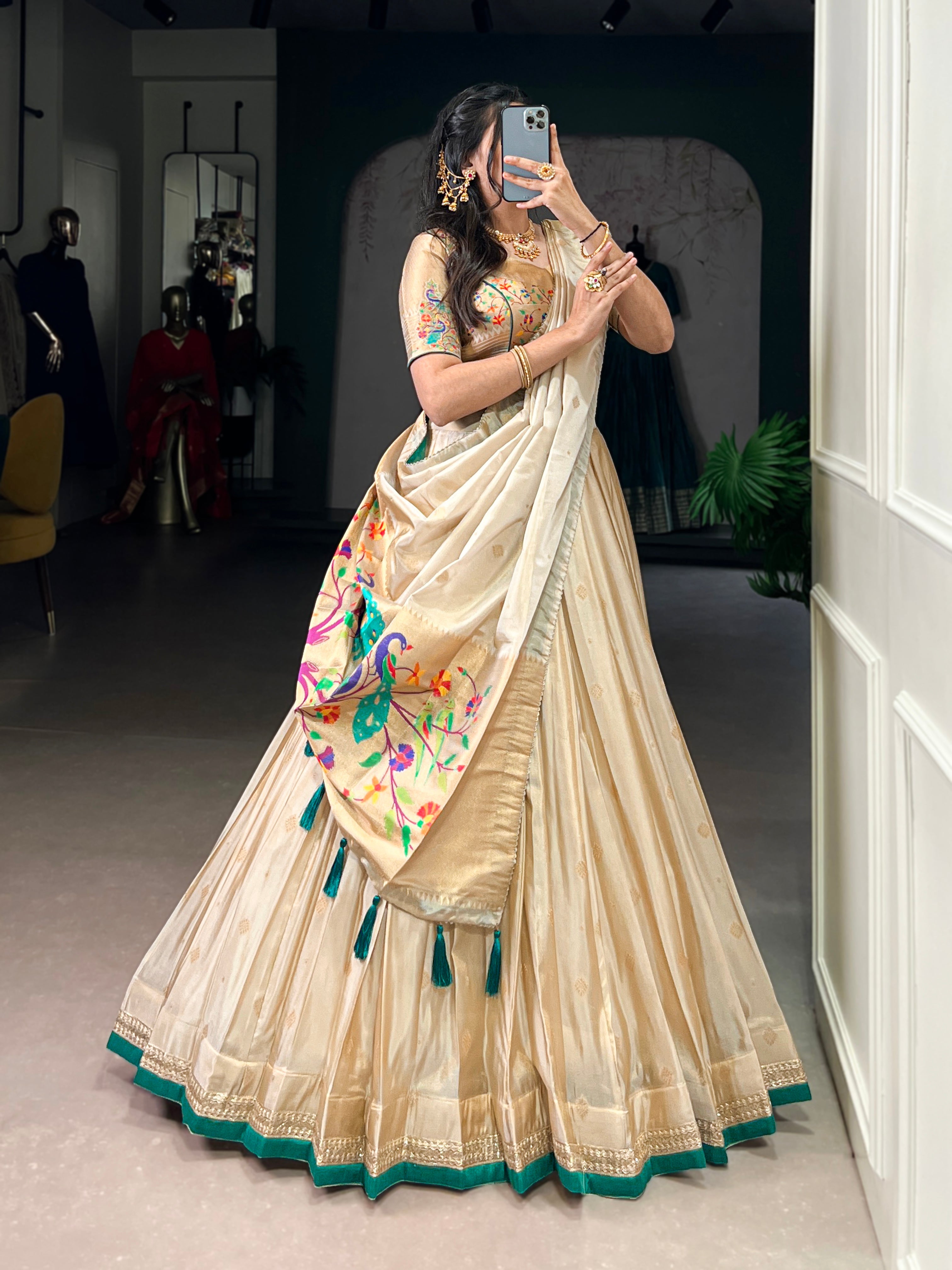 Kalyani cream shimmer Paithani zari weaving lehenga choli with green border and dupatta
