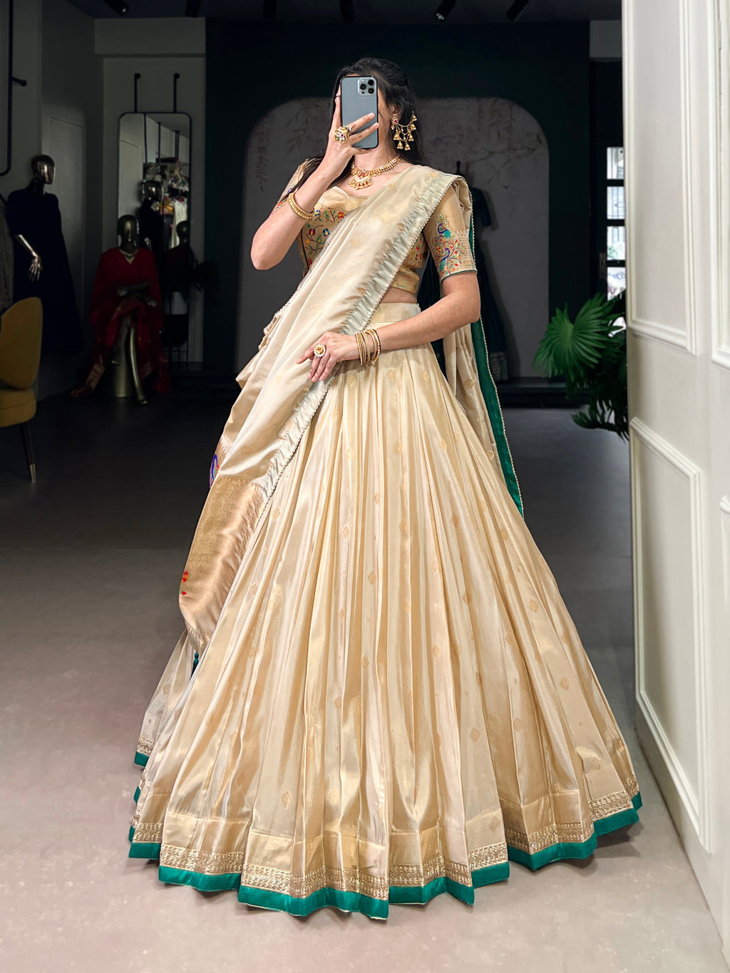 Kalyani cream shimmer Paithani zari weaving lehenga choli with green border and dupatta