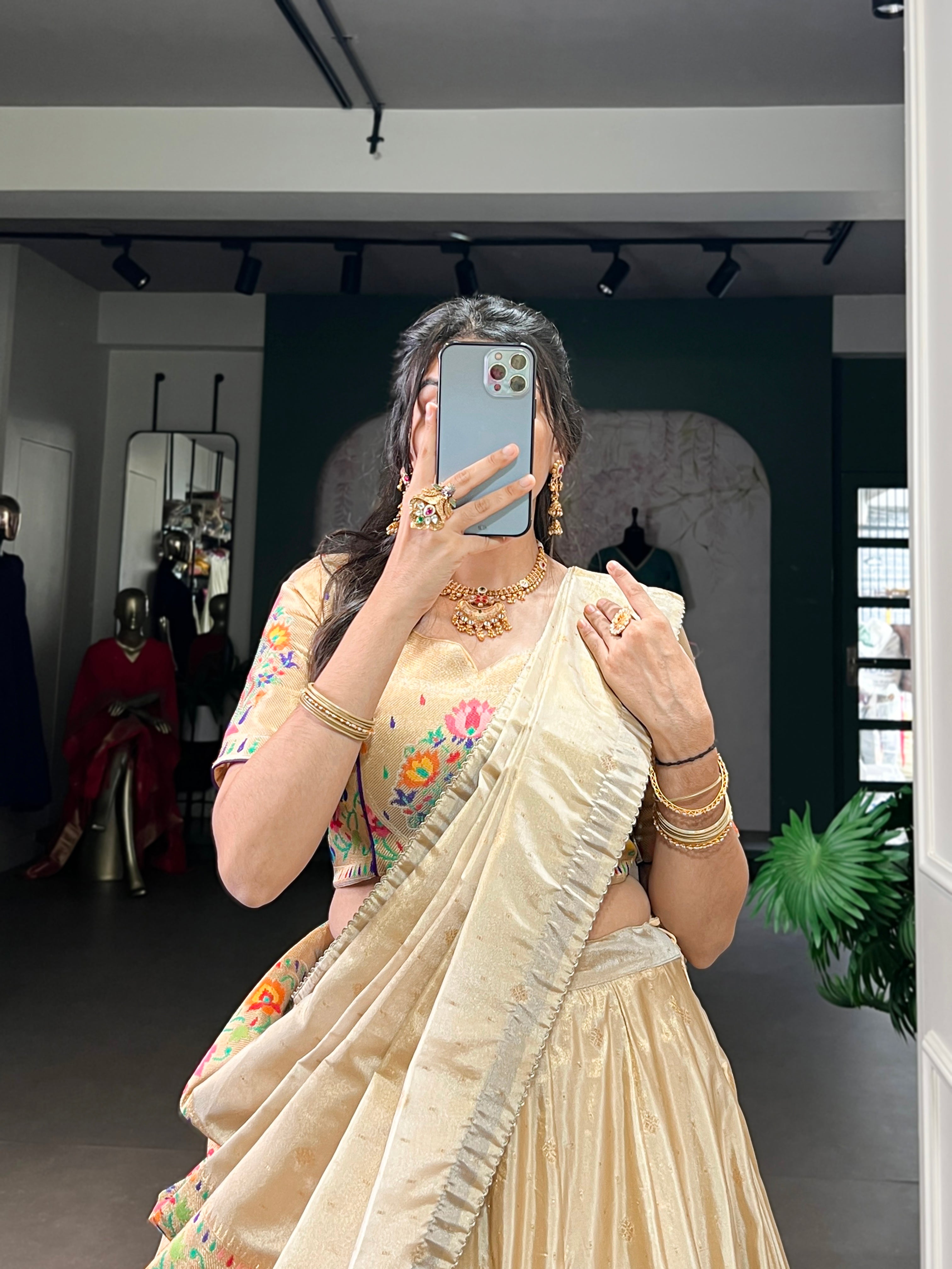 Kalyani cream shimmer Paithani zari weaving lehenga choli with purple border and dupatta