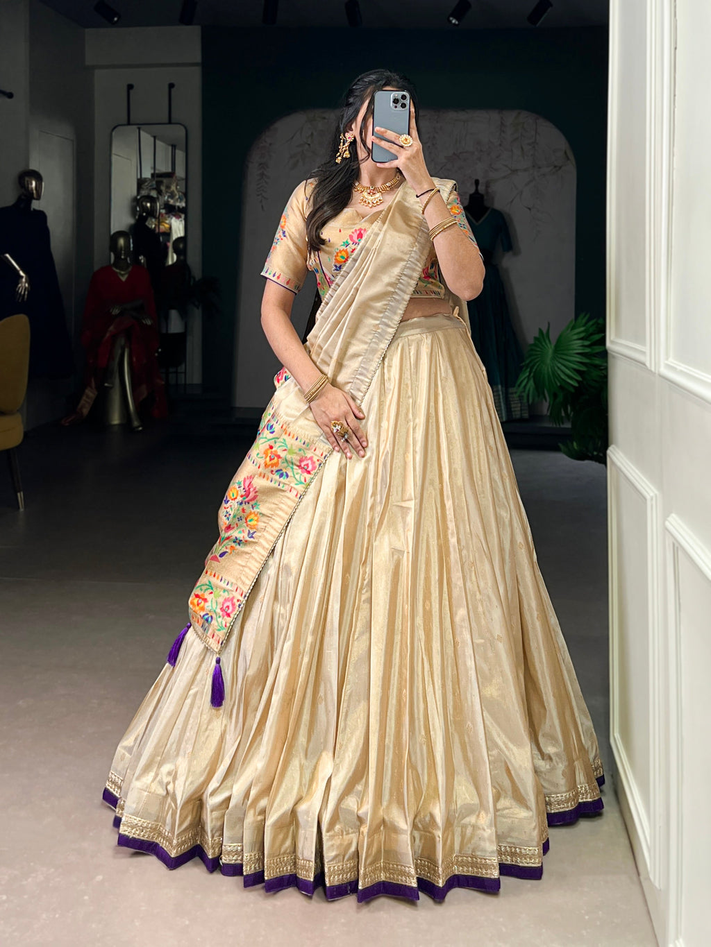 Kalyani cream shimmer Paithani zari weaving lehenga choli with purple border and dupatta